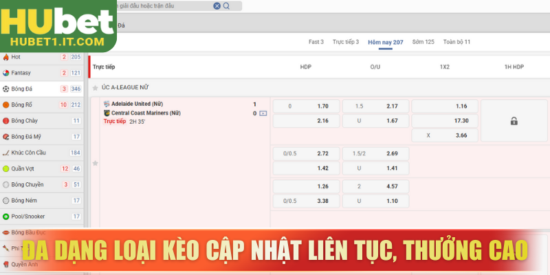 Đa dạng loại kèo cập nhật liên tục, mức thưởng cao